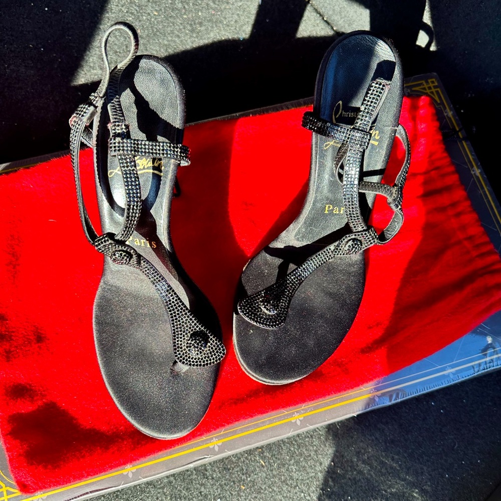 louboutin black rhinestone strappy heels sandals size 38